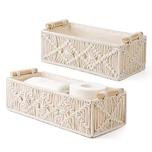 Mkono Macrame Storage Baskets Boho Decor Box Handmade Woven Decorative Countertop Toilet Tank Shelf Cabinet Organizer for Bedroom Livingroom Home, Set of 2, Ivory 