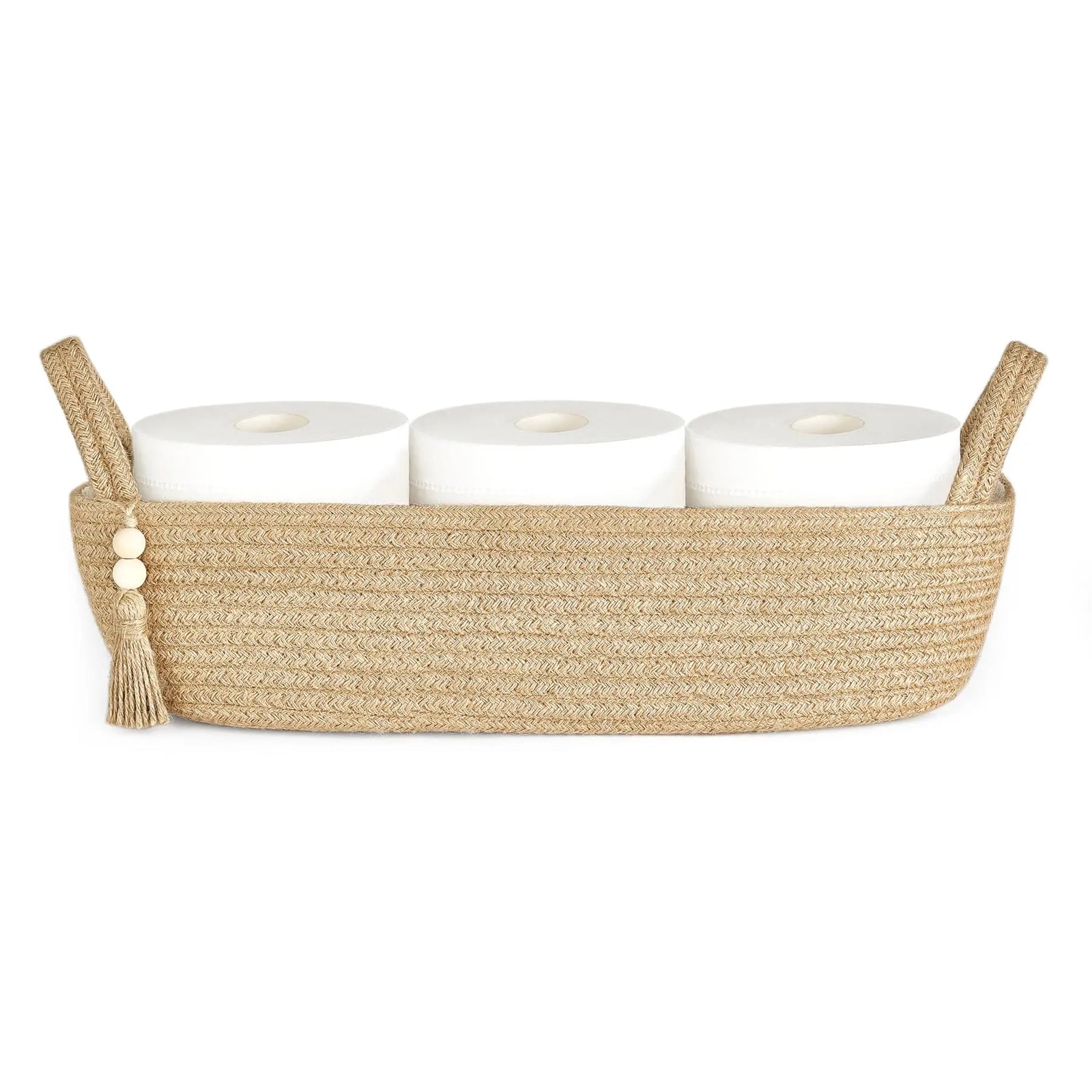 Mkono Small Storage Basket for Toilet Tank Top Boho Bathroom Decor Woven Rope Toilet Paper Tray Back of Toilet Organizer for Shelf Bedroom Living Room, Jute, 1 Pack, 15.7" L x 6" W 