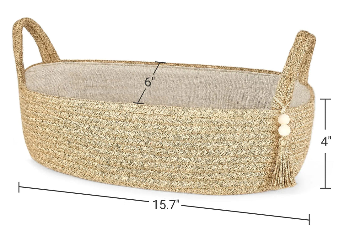 Mkono Small Storage Basket for Toilet Tank Top Boho Bathroom Decor Woven Rope Toilet Paper Tray Back of Toilet Organizer for Shelf Bedroom Living Room, Jute, 1 Pack, 15.7" L x 6" W 
