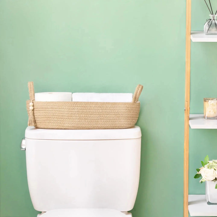 Mkono Small Storage Basket for Toilet Tank Top Boho Bathroom Decor Woven Rope Toilet Paper Tray Back of Toilet Organizer for Shelf Bedroom Living Room, Jute, 1 Pack, 15.7" L x 6" W 