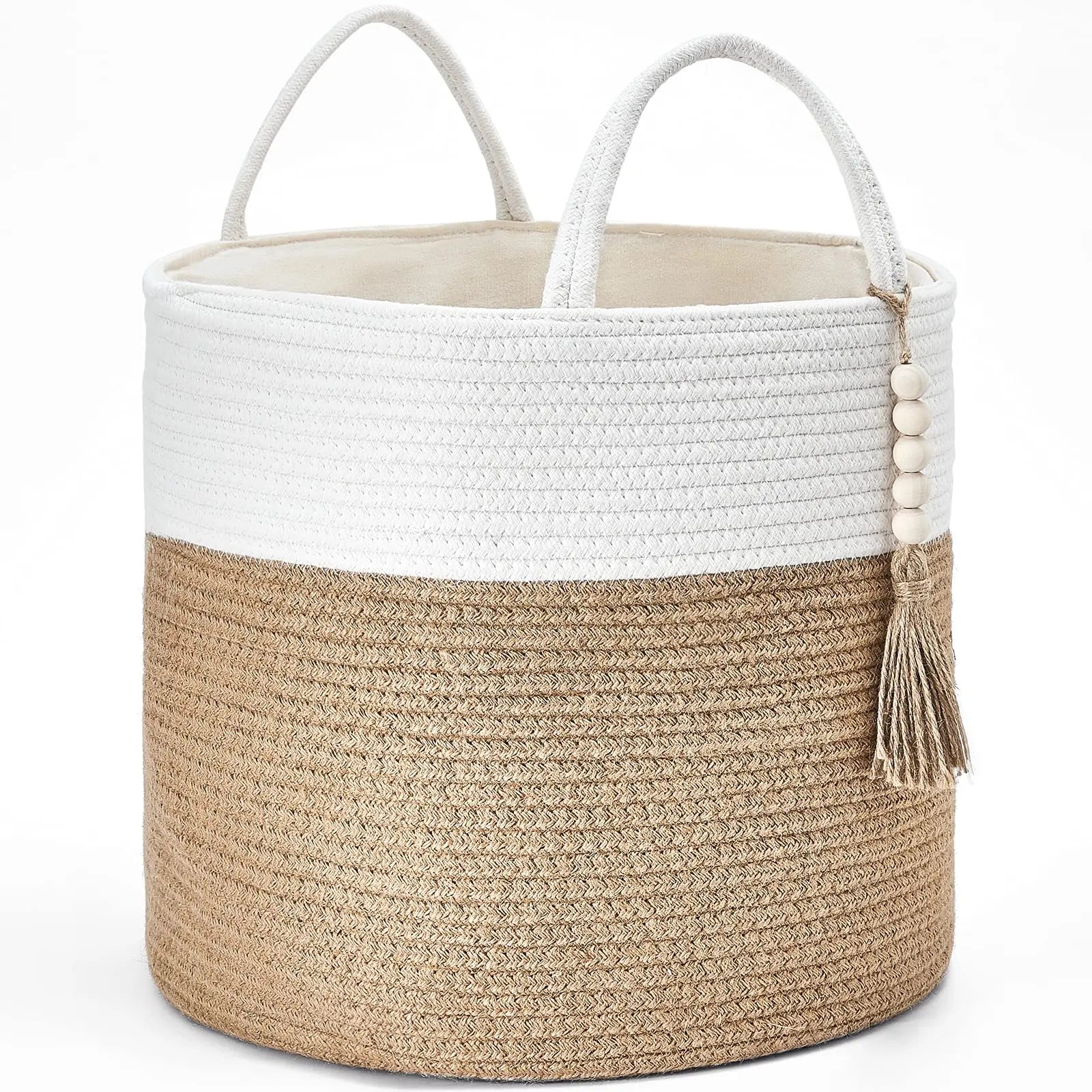 Mkono Woven Storage Basket Decorative Natural Rope Basket Wooden Bead Decoration for Blankets,Toys,Clothes,Shoes,Plant Organizer Bin with Handles Living Room Home Decor, 16"x13",White and Yellow 
