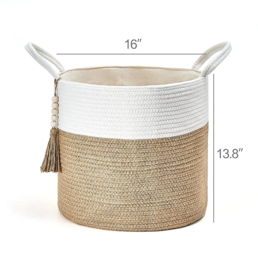 Mkono Woven Storage Basket Decorative Natural Rope Basket Wooden Bead Decoration for Blankets,Toys,Clothes,Shoes,Plant Organizer Bin with Handles Living Room Home Decor, 16"x13",White and Yellow 