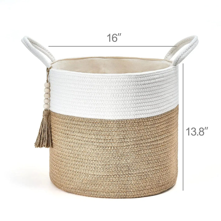 Mkono Woven Storage Basket Decorative Natural Rope Basket Wooden Bead Decoration for Blankets,Toys,Clothes,Shoes,Plant Organizer Bin with Handles Living Room Home Decor, 16"x13",White and Yellow 