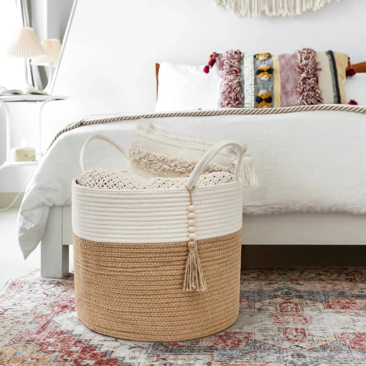 Mkono Woven Storage Basket Decorative Natural Rope Basket Wooden Bead Decoration for Blankets,Toys,Clothes,Shoes,Plant Organizer Bin with Handles Living Room Home Decor, 16"x13",White and Yellow 