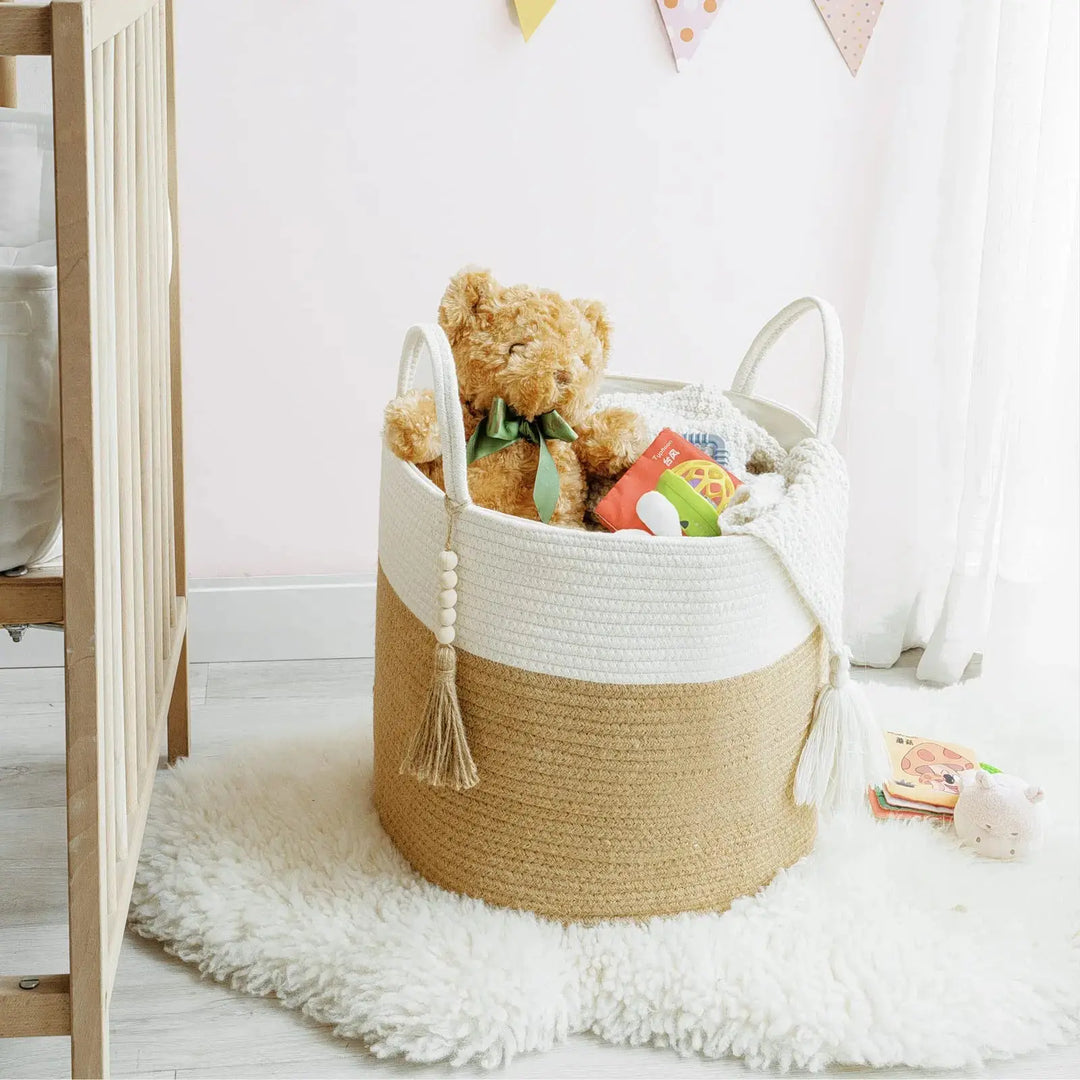 Mkono Woven Storage Basket Decorative Natural Rope Basket Wooden Bead Decoration for Blankets,Toys,Clothes,Shoes,Plant Organizer Bin with Handles Living Room Home Decor, 16"x13",White and Yellow 