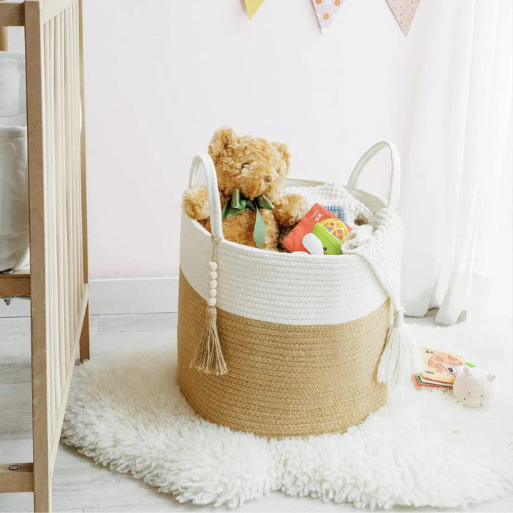 Mkono Woven Storage Basket Decorative Natural Rope Basket Wooden Bead Decoration for Blankets,Toys,Clothes,Shoes,Plant Organizer Bin with Handles Living Room Home Decor, 16"x13",White and Yellow 