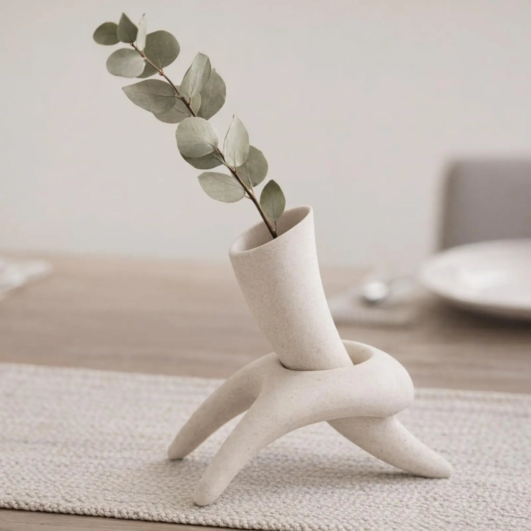Modern Abstract Ceramic Vase 7.3" Wabi Sabi Japandi Sculptural Vase, Speckled Sandstone Texture Beige Matte Interlocking Vessel for Pampas Grass Boho Home Decor