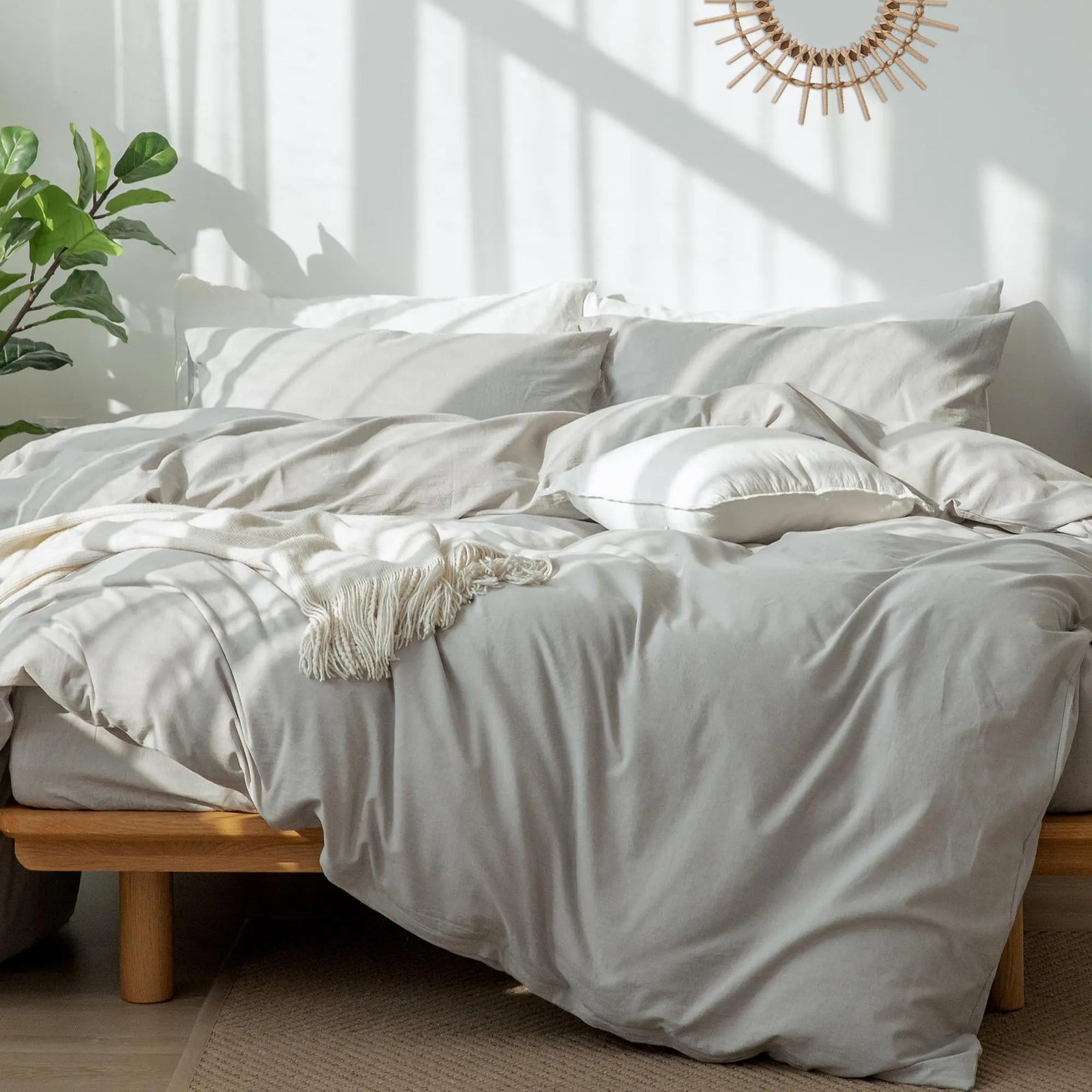 MooMee Bedding Duvet Cover Set 100% Washed Cotton Linen Like Textured Breathable Durable Soft Comfy (Pastel Grey, King) 