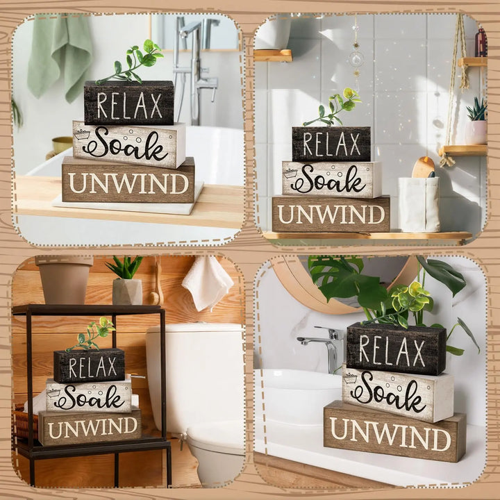 Moucuny 4 Pcs Bathroom Shelf Decor Sign Farmhouse Wooden Bathroom Decor