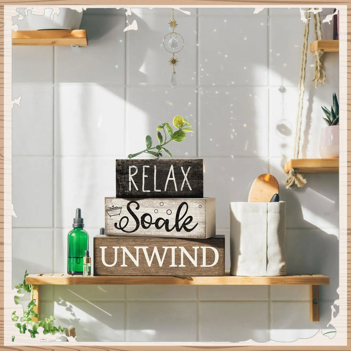 Moucuny 4 Pcs Bathroom Shelf Decor Sign Farmhouse Wooden Bathroom Decor