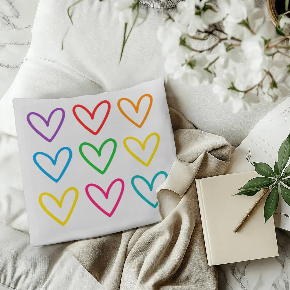 Multicolor Hearts Throw Pillow Cover, Double-Sided 