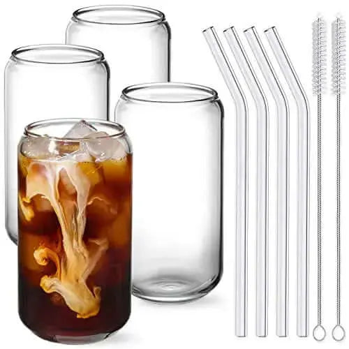 NETANY Can Shaped Glasses with Glass Straws, 4-PC Set, 16 oz - Clear