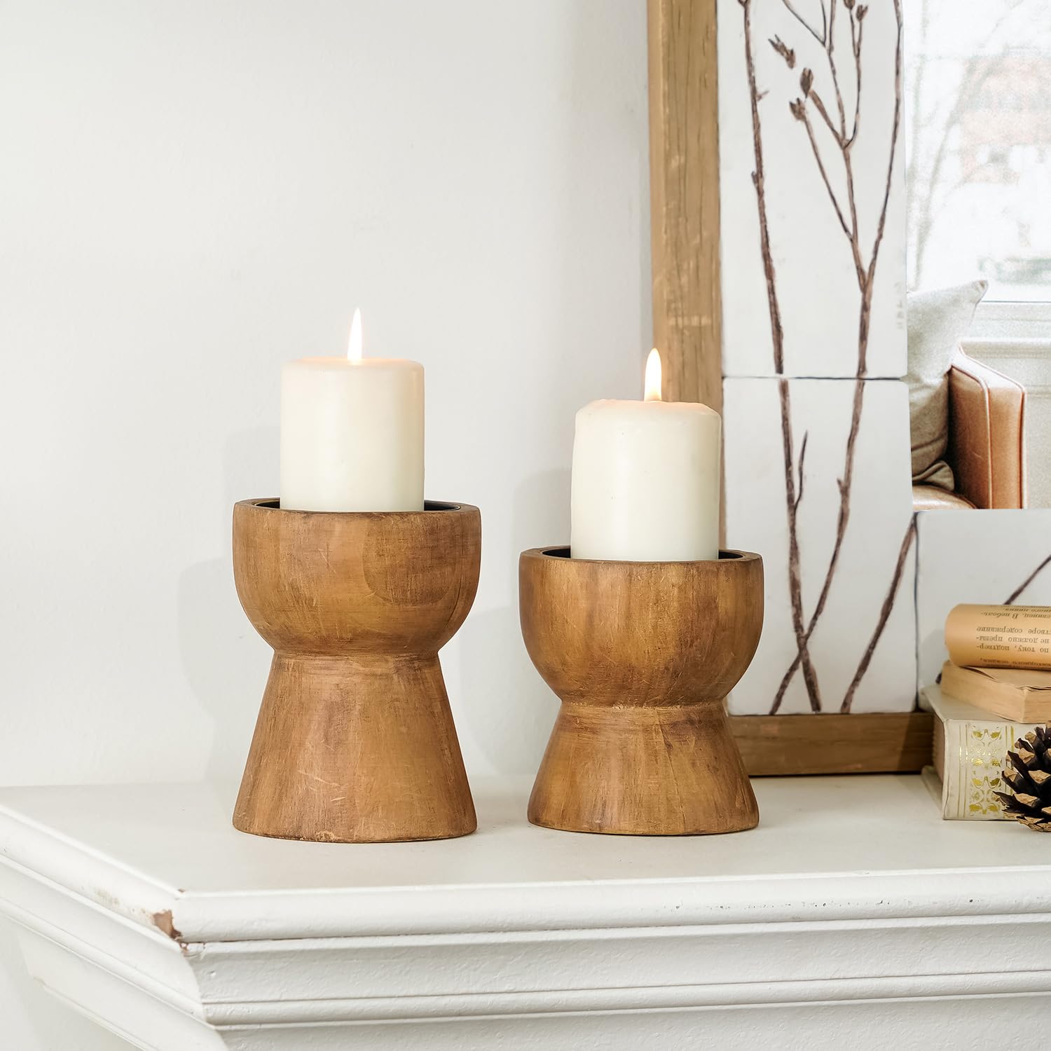 NIKKY HOME Farmhouse Wooden Pillar Candle Holders Set of 2, Mantel Decor 