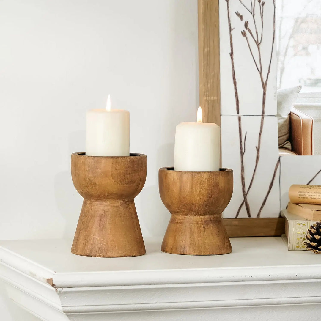 NIKKY HOME Farmhouse Wooden Pillar Candle Holders Set of 2, Mantel Decor
