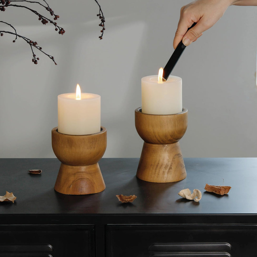 NIKKY HOME Farmhouse Wooden Pillar Candle Holders Set of 2, Mantel Decor 