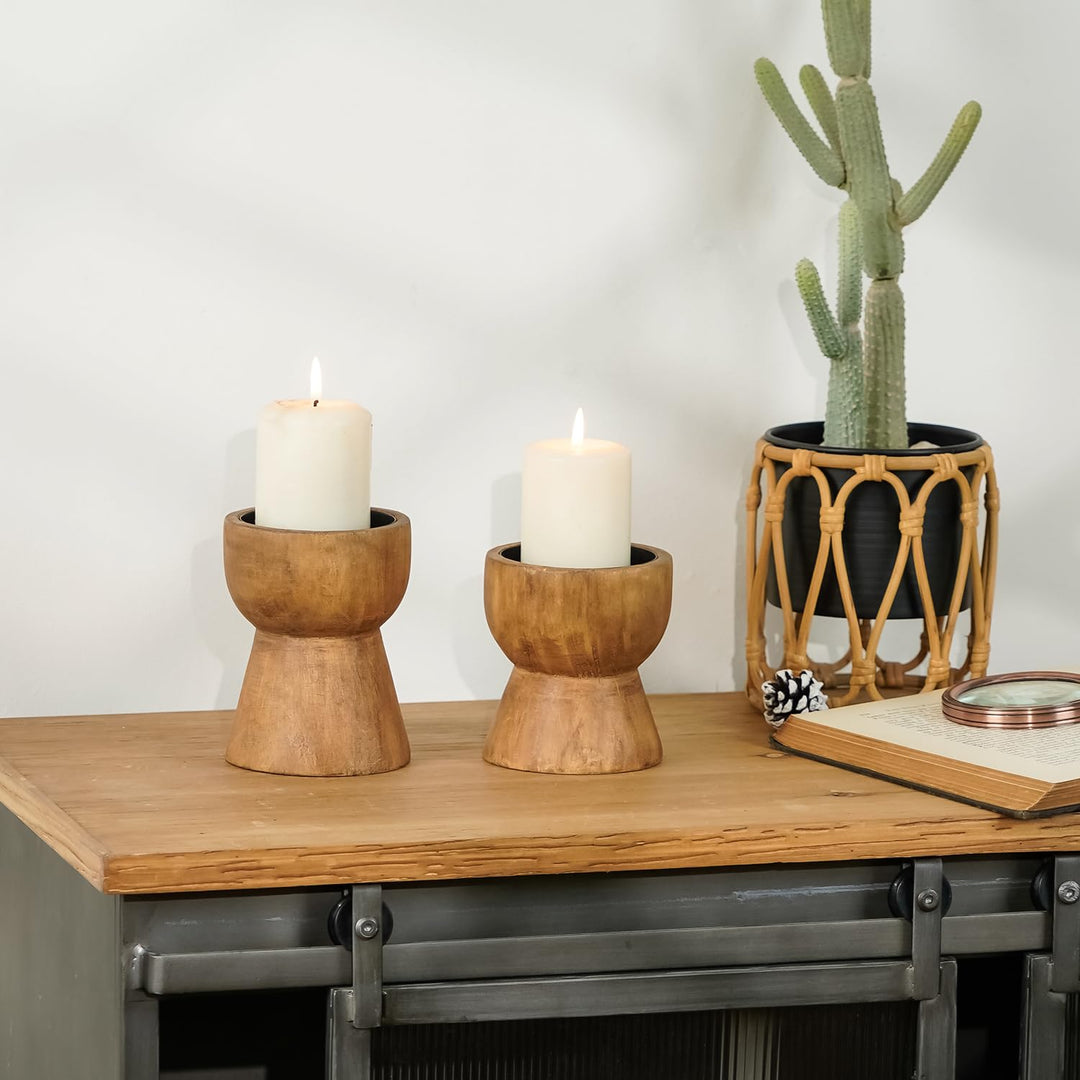 NIKKY HOME Farmhouse Wooden Pillar Candle Holders Set of 2, Mantel Decor 