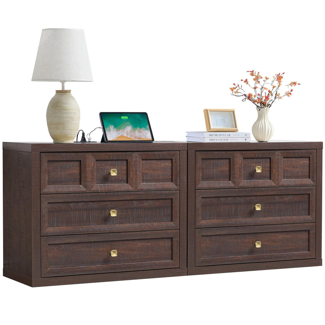 NOWABAY Nightstand Set of 2 W/Charging Station, 30.7" W King Size Bedside Table with 3 Drawers, Accent End Table W/Large Storage, Modern Wood Side Table for Bedroom,Office, Brown 