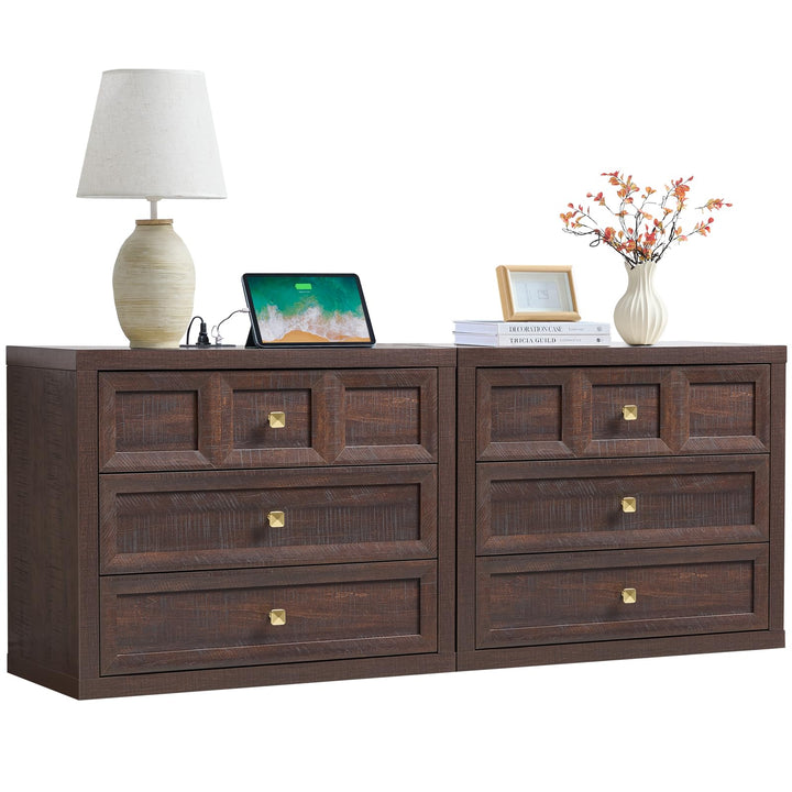 NOWABAY Nightstand Set of 2 W/Charging Station, 30.7" W King Size Bedside Table with 3 Drawers, Accent End Table W/Large Storage, Modern Wood Side Table for Bedroom,Office, Brown 