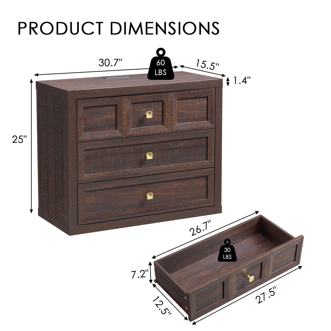 NOWABAY Nightstand Set of 2 W/Charging Station, 30.7" W King Size Bedside Table with 3 Drawers, Accent End Table W/Large Storage, Modern Wood Side Table for Bedroom,Office, Brown 
