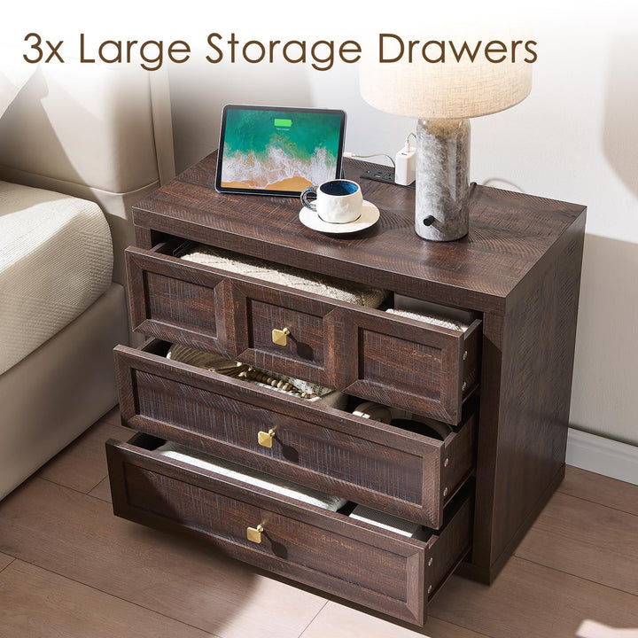 NOWABAY Nightstand Set of 2 W/Charging Station, 30.7" W King Size Bedside Table with 3 Drawers, Accent End Table W/Large Storage, Modern Wood Side Table for Bedroom,Office, Brown 