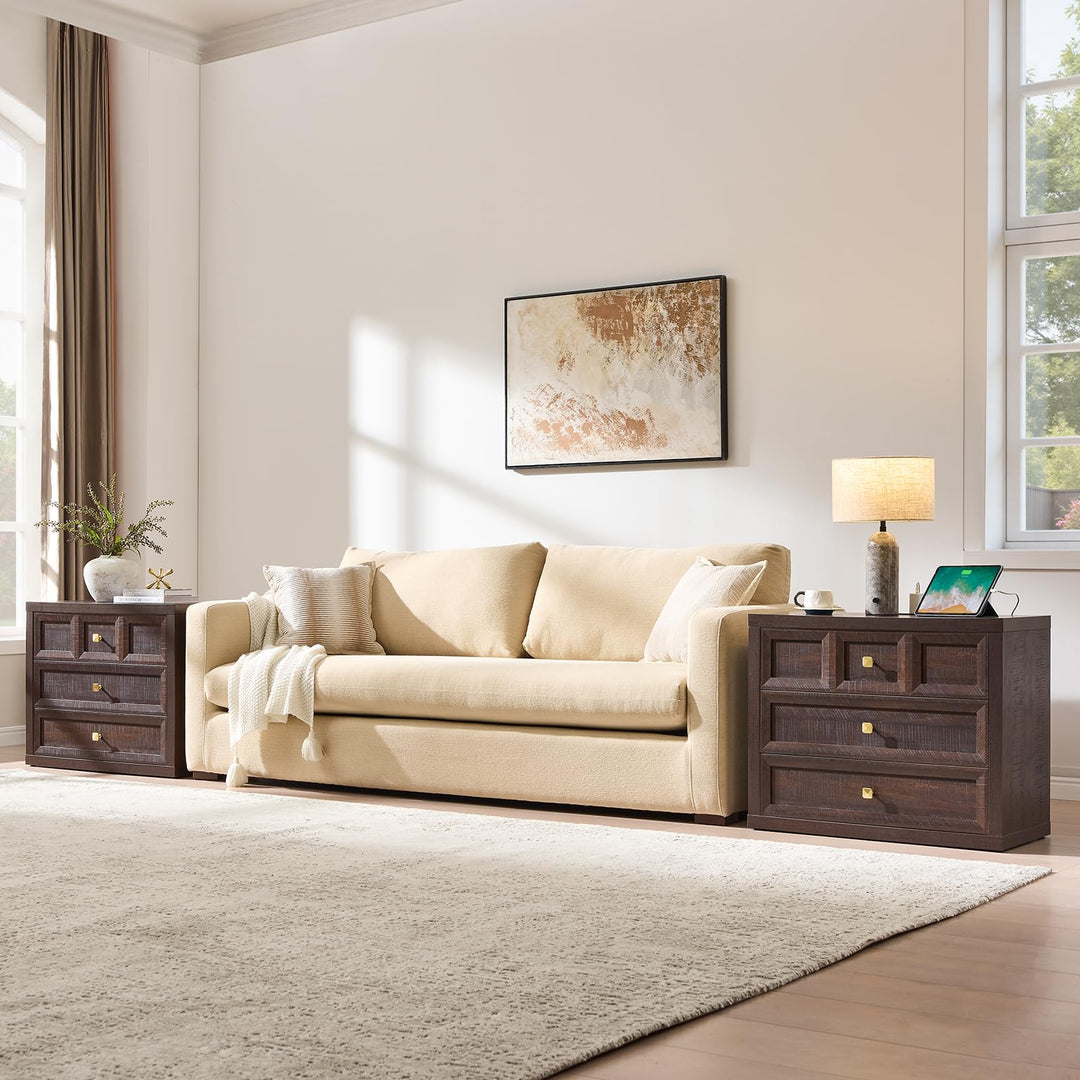 NOWABAY Nightstand Set of 2 W/Charging Station, 30.7" W King Size Bedside Table with 3 Drawers, Accent End Table W/Large Storage, Modern Wood Side Table for Bedroom,Office, Brown 