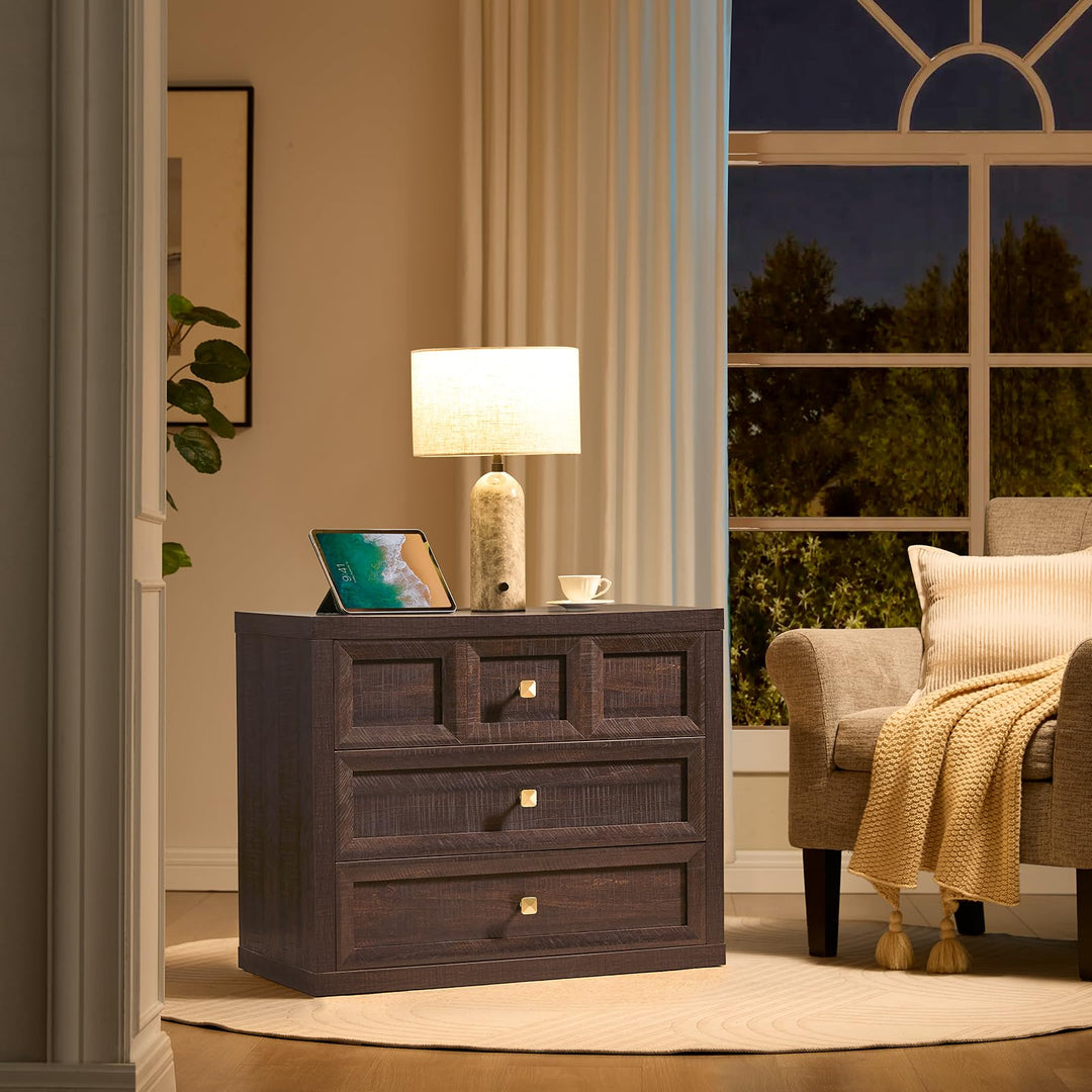 NOWABAY Nightstand Set of 2 W/Charging Station, 30.7" W King Size Bedside Table with 3 Drawers, Accent End Table W/Large Storage, Modern Wood Side Table for Bedroom,Office, Brown 