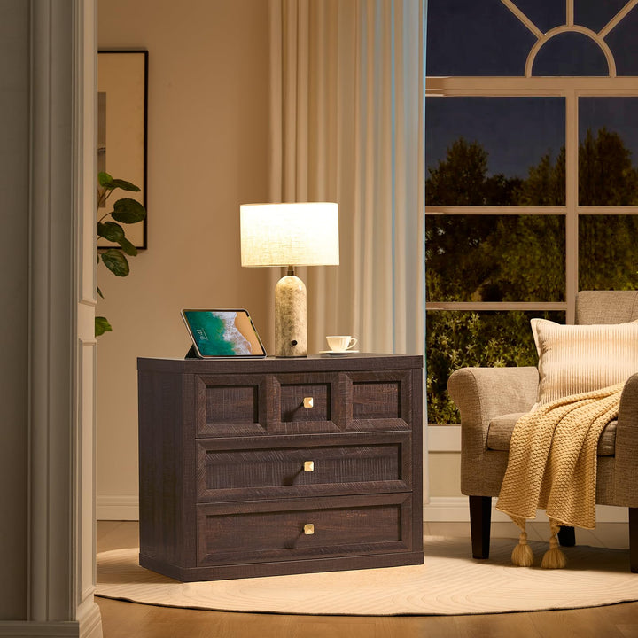 NOWABAY Nightstand Set of 2 W/Charging Station, 30.7" W King Size Bedside Table with 3 Drawers, Accent End Table W/Large Storage, Modern Wood Side Table for Bedroom,Office, Brown 