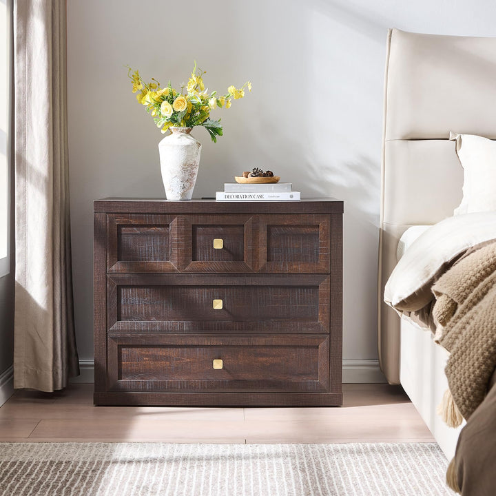 NOWABAY Nightstand Set of 2 W/Charging Station, 30.7" W King Size Bedside Table with 3 Drawers, Accent End Table W/Large Storage, Modern Wood Side Table for Bedroom,Office, Brown 