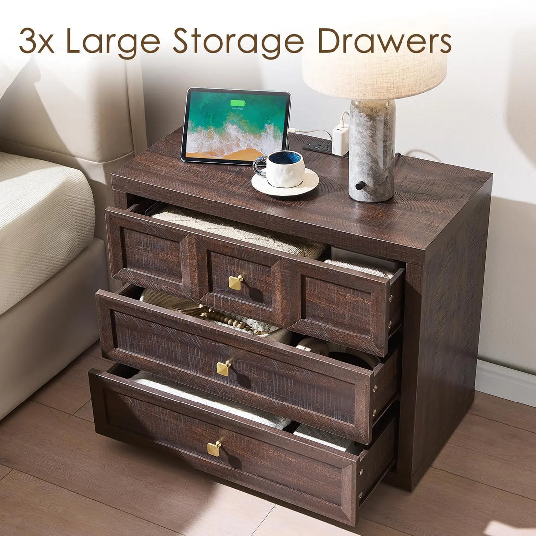 NOWABAY Nightstand Set of 2 W/Charging Station, 30.7" W King Size Bedside Table with 3 Drawers, Accent End Table W/Large Storage, Modern Wood Side Table for Bedroom,Office, Brown 