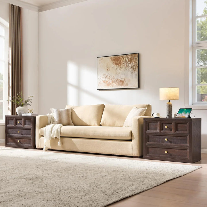 NOWABAY Nightstand Set of 2 W/Charging Station, 30.7" W King Size Bedside Table with 3 Drawers, Accent End Table W/Large Storage, Modern Wood Side Table for Bedroom,Office, Brown 
