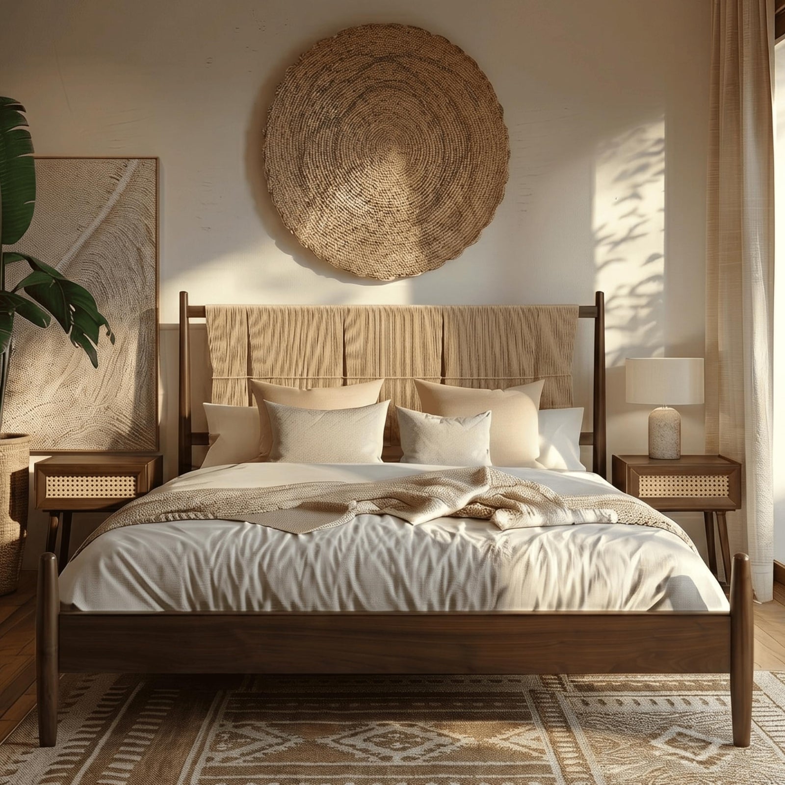 NTC Marenzo Queen Platform Bed with Handwoven Headboard – American Walnut Veneer, Solid American Walnut Legs, Artisan Craftsmanship, Silent Slats, Effortless Assembly, Queen – Dark Walnut 