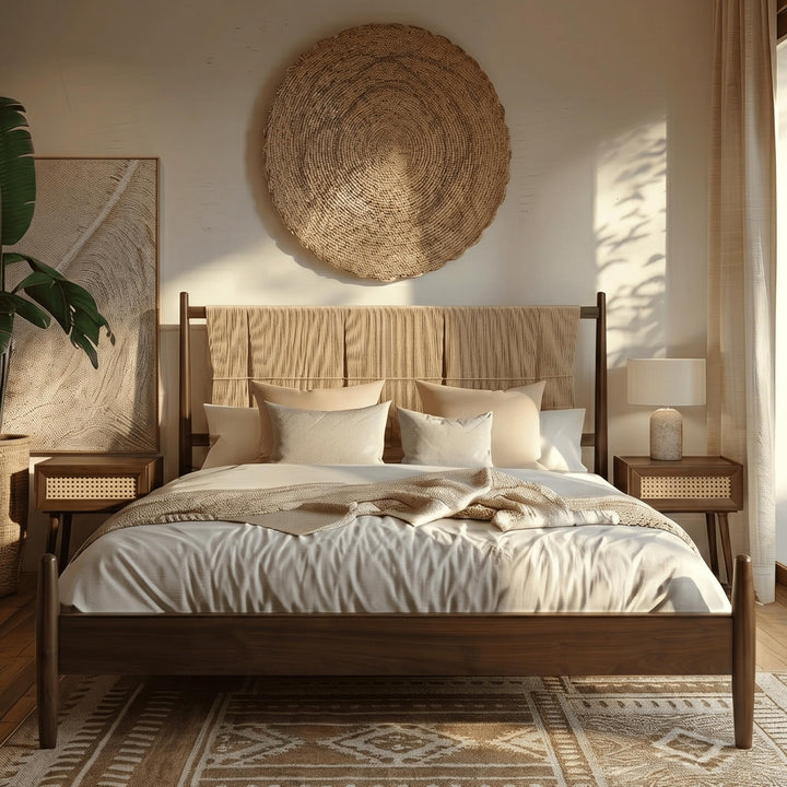 NTC Marenzo Queen Platform Bed with Handwoven Headboard – American Walnut Veneer, Solid American Walnut Legs, Artisan Craftsmanship, Silent Slats, Effortless Assembly, Queen – Dark Walnut 