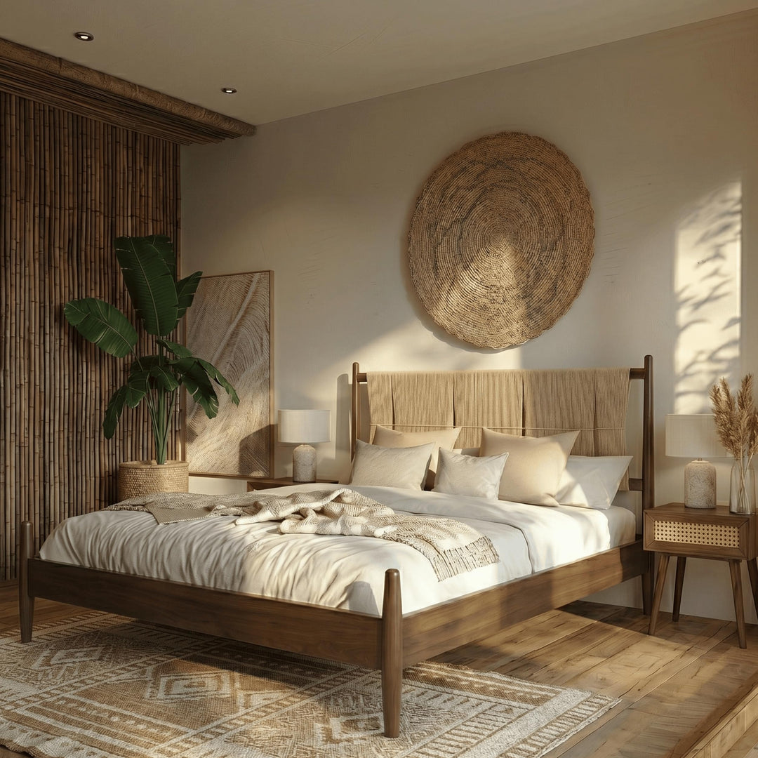 NTC Marenzo Queen Platform Bed with Handwoven Headboard – American Walnut Veneer, Solid American Walnut Legs, Artisan Craftsmanship, Silent Slats, Effortless Assembly, Queen – Dark Walnut 