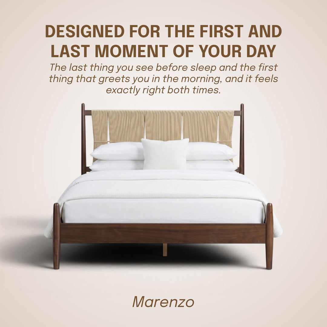 NTC Marenzo Queen Platform Bed with Handwoven Headboard – American Walnut Veneer, Solid American Walnut Legs, Artisan Craftsmanship, Silent Slats, Effortless Assembly, Queen – Dark Walnut 