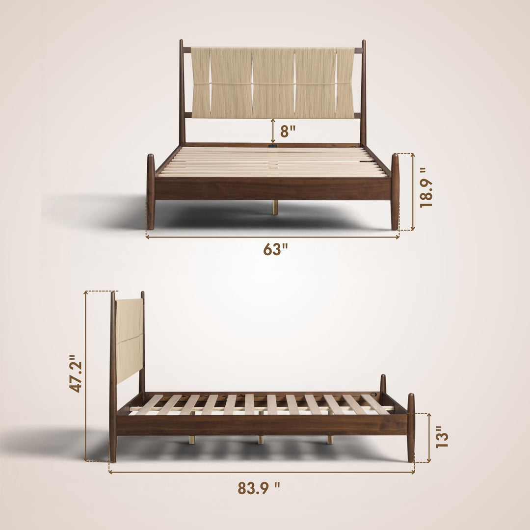 NTC Marenzo Queen Platform Bed with Handwoven Headboard – American Walnut Veneer, Solid American Walnut Legs, Artisan Craftsmanship, Silent Slats, Effortless Assembly, Queen – Dark Walnut 