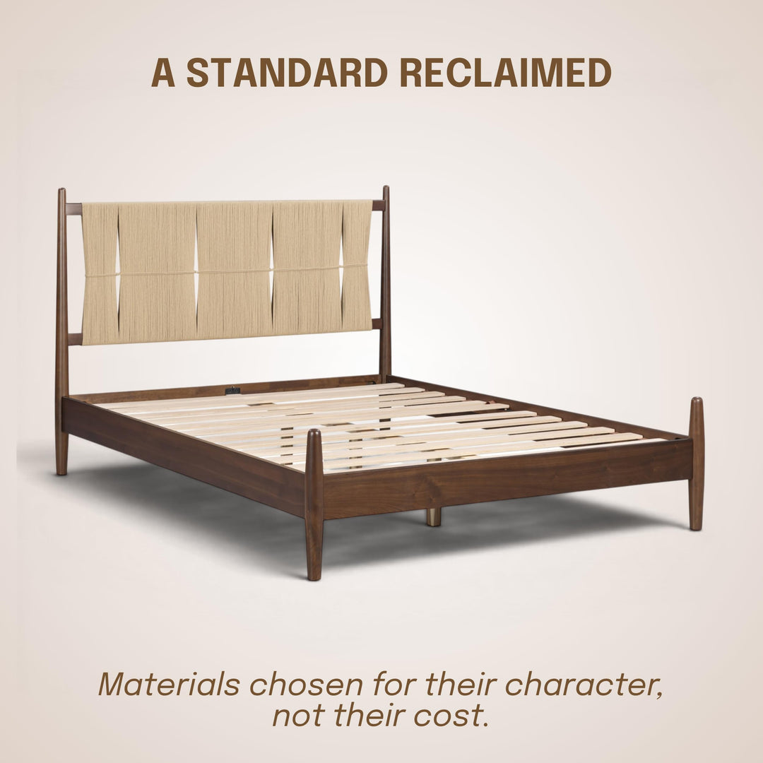 NTC Marenzo Queen Platform Bed with Handwoven Headboard – American Walnut Veneer, Solid American Walnut Legs, Artisan Craftsmanship, Silent Slats, Effortless Assembly, Queen – Dark Walnut 
