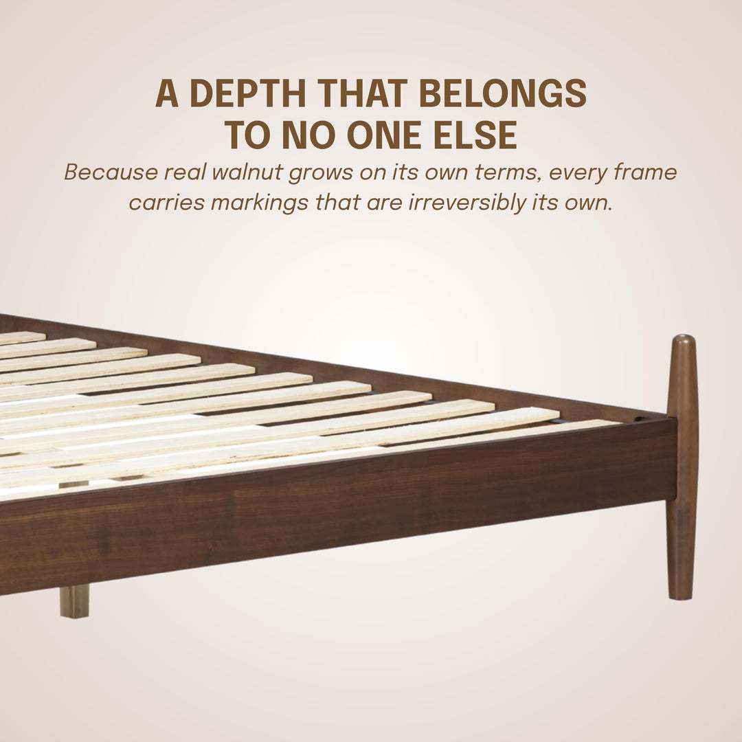 NTC Marenzo Queen Platform Bed with Handwoven Headboard – American Walnut Veneer, Solid American Walnut Legs, Artisan Craftsmanship, Silent Slats, Effortless Assembly, Queen – Dark Walnut 