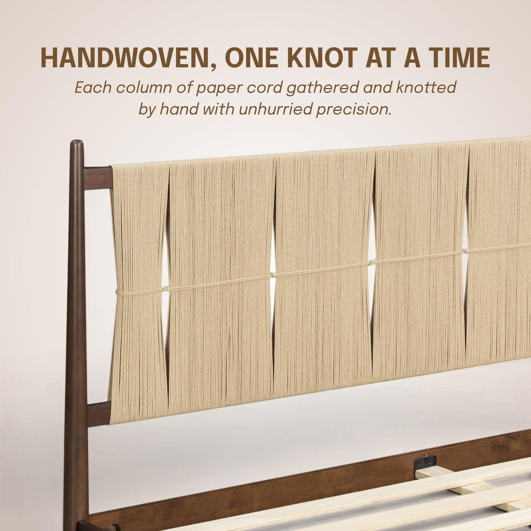NTC Marenzo Queen Platform Bed with Handwoven Headboard – American Walnut Veneer, Solid American Walnut Legs, Artisan Craftsmanship, Silent Slats, Effortless Assembly, Queen – Dark Walnut 