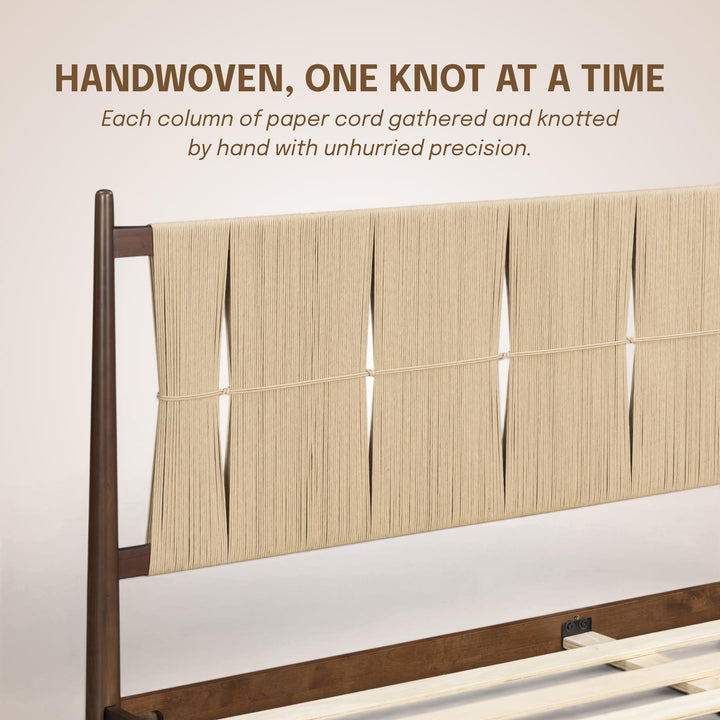 NTC Marenzo Queen Platform Bed with Handwoven Headboard – American Walnut Veneer, Solid American Walnut Legs, Artisan Craftsmanship, Silent Slats, Effortless Assembly, Queen – Dark Walnut 