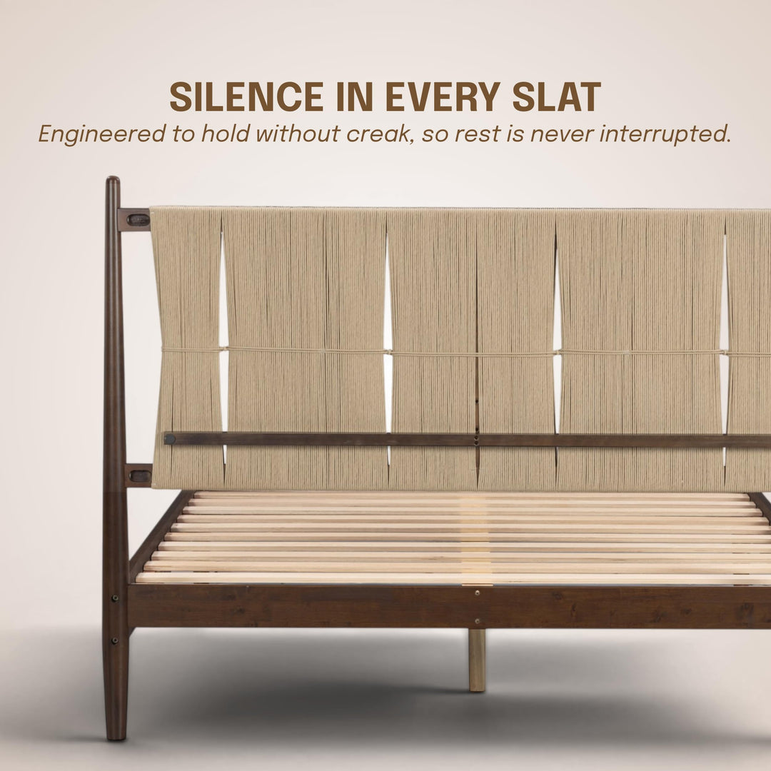 NTC Marenzo Queen Platform Bed with Handwoven Headboard – American Walnut Veneer, Solid American Walnut Legs, Artisan Craftsmanship, Silent Slats, Effortless Assembly, Queen – Dark Walnut 