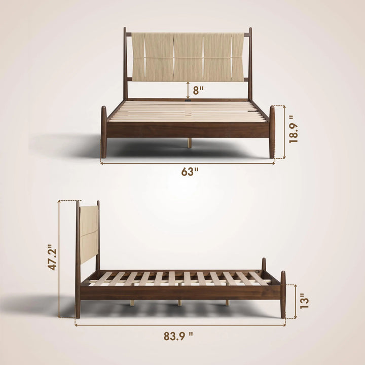NTC Marenzo Queen Platform Bed with Handwoven Headboard – American Walnut Veneer, Solid American Walnut Legs, Artisan Craftsmanship, Silent Slats, Effortless Assembly, Queen – Dark Walnut 