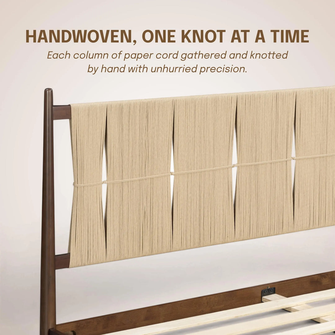 NTC Marenzo Queen Platform Bed with Handwoven Headboard – American Walnut Veneer, Solid American Walnut Legs, Artisan Craftsmanship, Silent Slats, Effortless Assembly, Queen – Dark Walnut 