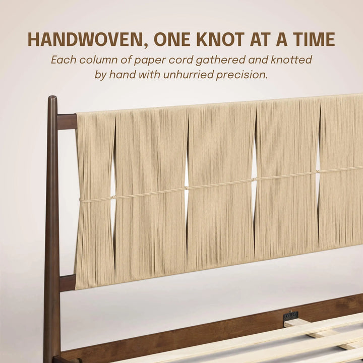 NTC Marenzo Queen Platform Bed with Handwoven Headboard – American Walnut Veneer, Solid American Walnut Legs, Artisan Craftsmanship, Silent Slats, Effortless Assembly, Queen – Dark Walnut 