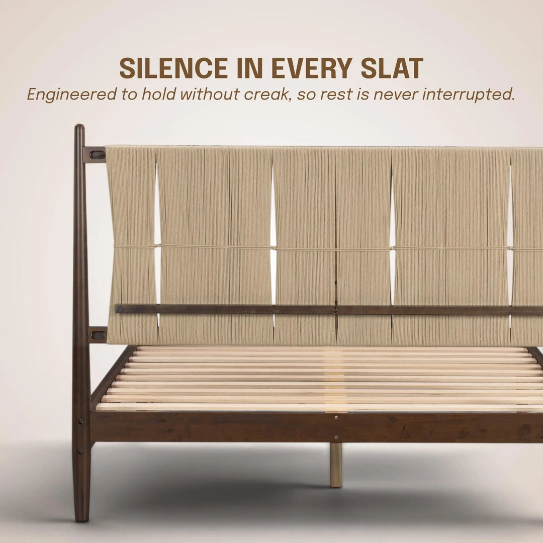 NTC Marenzo Queen Platform Bed with Handwoven Headboard – American Walnut Veneer, Solid American Walnut Legs, Artisan Craftsmanship, Silent Slats, Effortless Assembly, Queen – Dark Walnut 