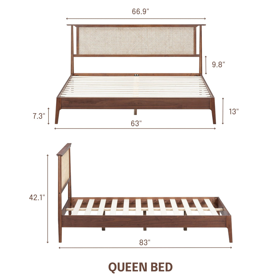 NTC Ruby Wooden Bed Frame with Headboard and Natural Rattan, Solid Oak/Rubber Wood Foundation with Silent Slats, 1000 Lb Capacity, Effortless Assembly (Natural Cane - Dark Walnut, Queen) 