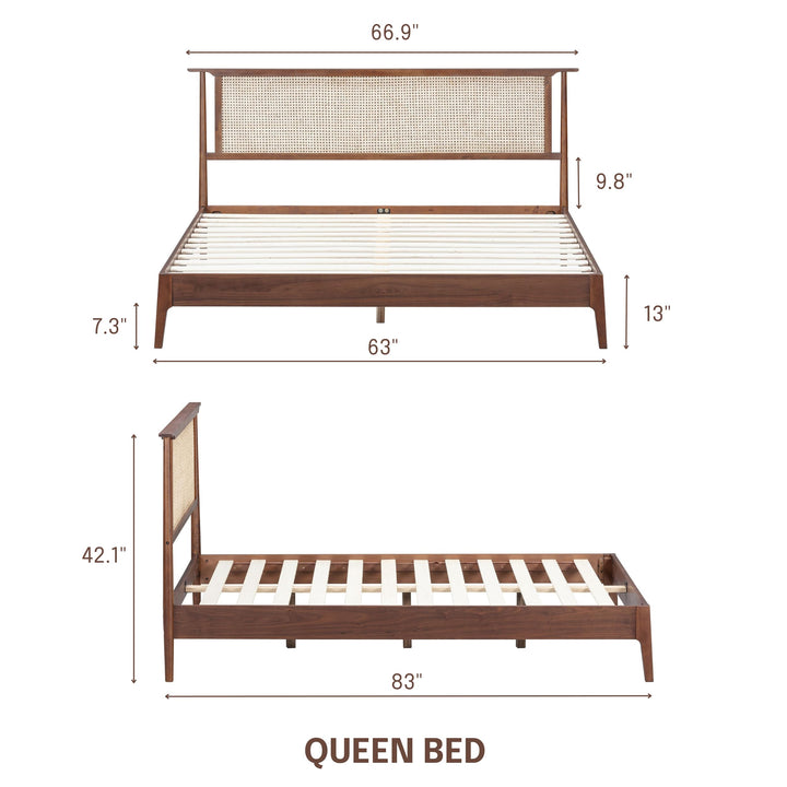 NTC Ruby Wooden Bed Frame with Headboard and Natural Rattan, Solid Oak/Rubber Wood Foundation with Silent Slats, 1000 Lb Capacity, Effortless Assembly (Natural Cane - Dark Walnut, Queen) 
