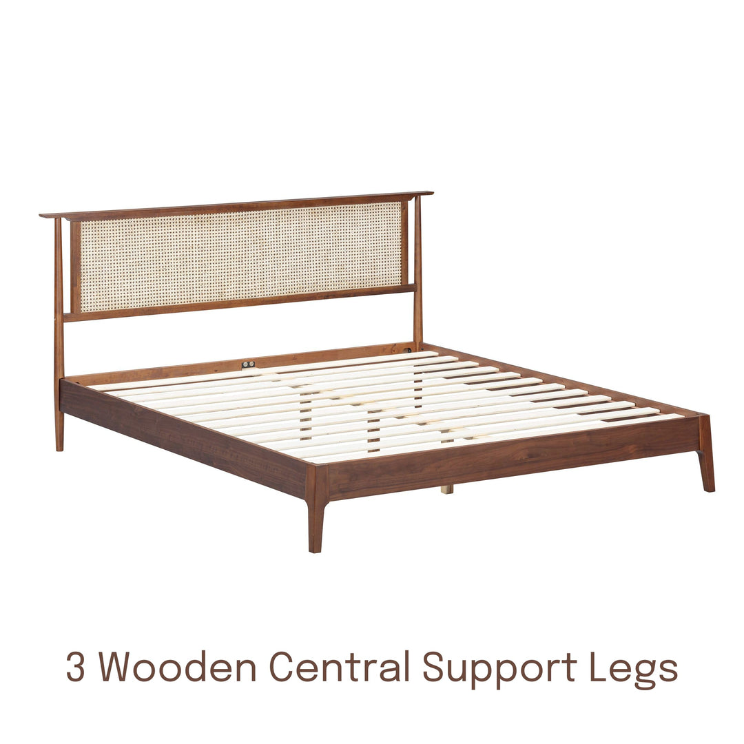 NTC Ruby Wooden Bed Frame with Headboard and Natural Rattan, Solid Oak/Rubber Wood Foundation with Silent Slats, 1000 Lb Capacity, Effortless Assembly (Natural Cane - Dark Walnut, Queen) 