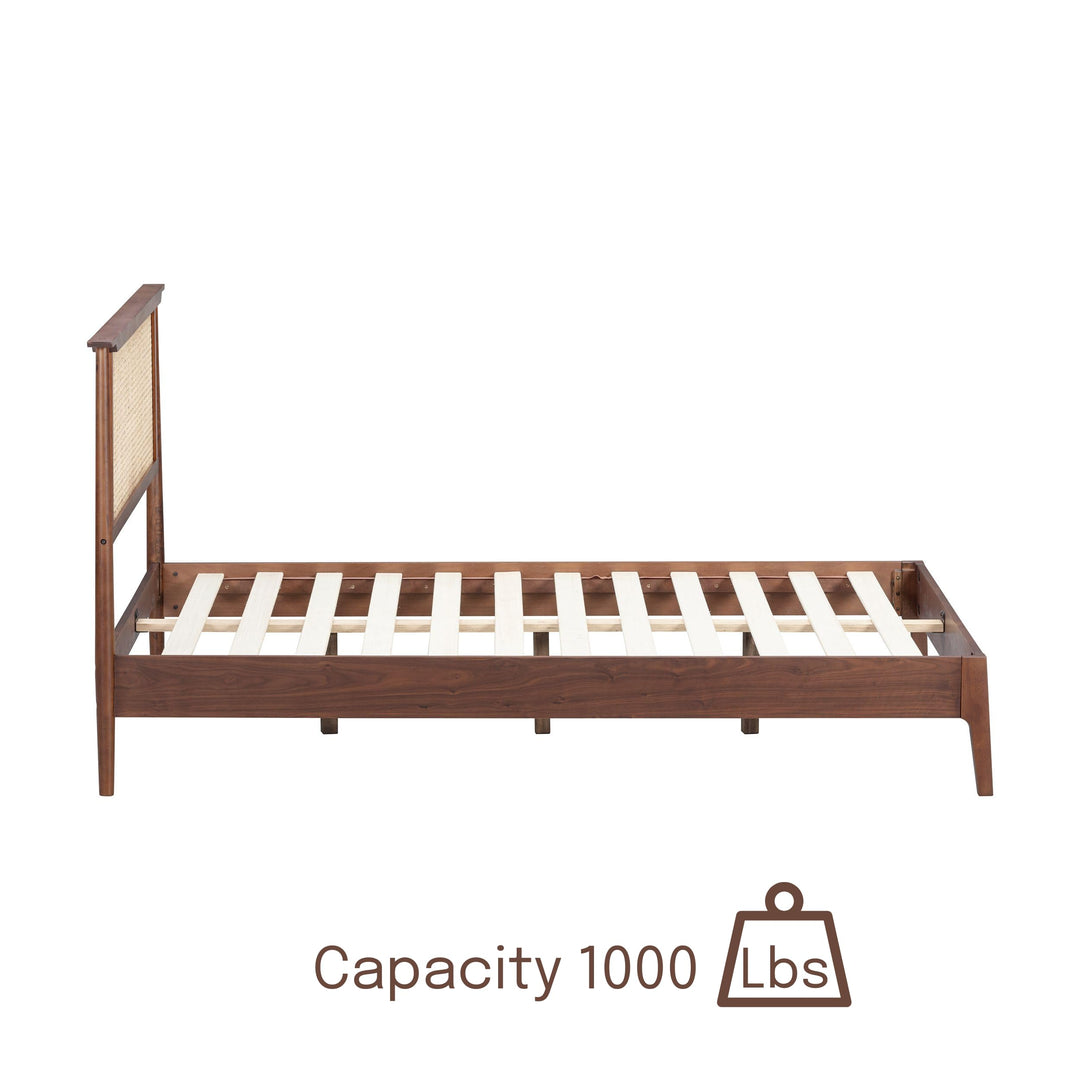 NTC Ruby Wooden Bed Frame with Headboard and Natural Rattan, Solid Oak/Rubber Wood Foundation with Silent Slats, 1000 Lb Capacity, Effortless Assembly (Natural Cane - Dark Walnut, Queen) 