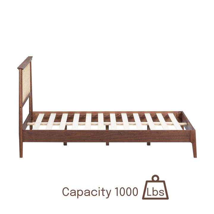 NTC Ruby Wooden Bed Frame with Headboard and Natural Rattan, Solid Oak/Rubber Wood Foundation with Silent Slats, 1000 Lb Capacity, Effortless Assembly (Natural Cane - Dark Walnut, Queen) 