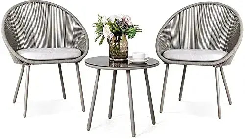 NUU Garden 3-Piece Outdoor Patio Furniture Bistro Table Set, Woven Rope - Grey